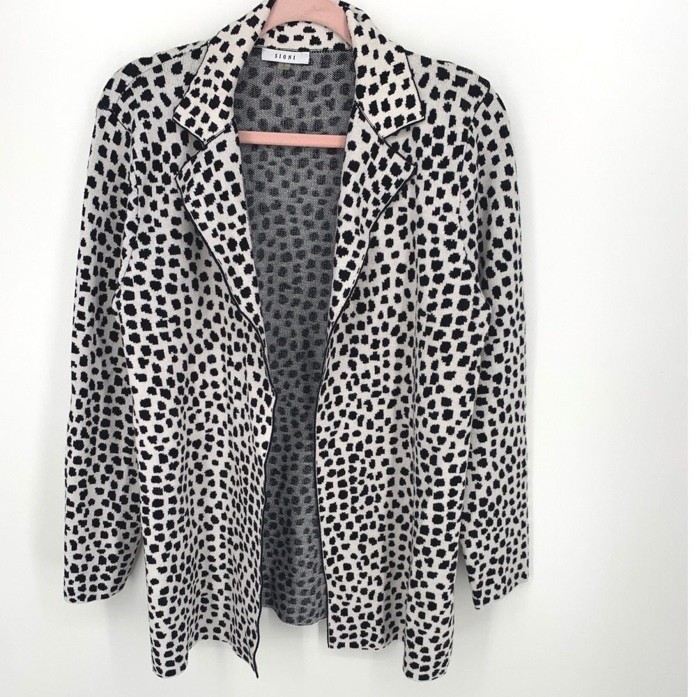 Sioni Open Front Cardigan Size Large Black White Abstract Print Sweater